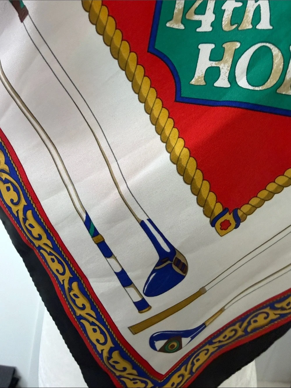 Vintage Brooks Brothers Red Golf-Themed Silk Scarf with Green, Blue & Gold